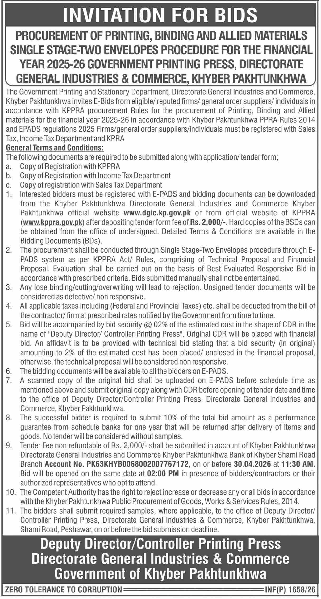 Procurement of Printing, Binding and Allied Materials Single Stage-Two Envelopes Procedure for the Financial Year 2025-26